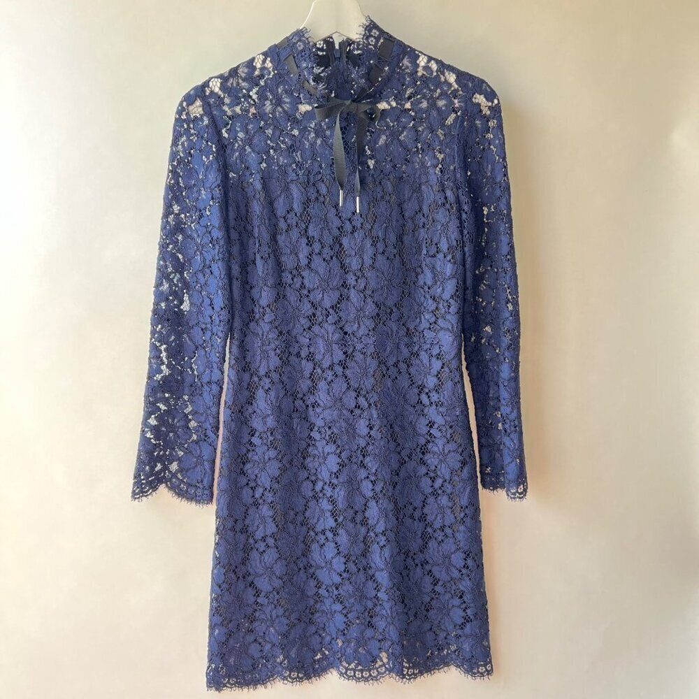 Sandro Paris Mock Neck Scalloped Mini Dress , Navy Lace, Size 2 O43 - Picture 2 of 9